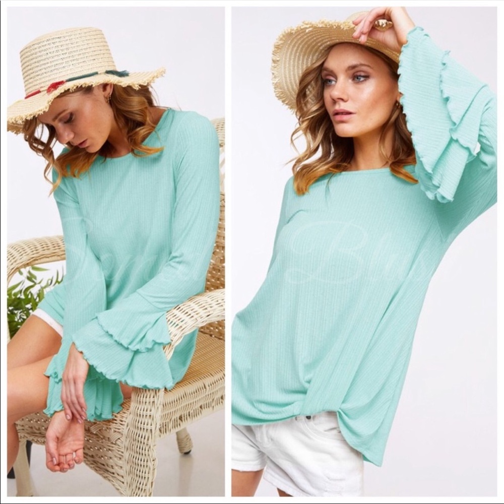 Mint Long Ruffle Sleeve, Twist Hem & Tunic Top